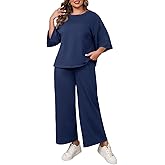 Beautife Womens Plus Size 2 Piece Outfits 3/4 Sleeve Tops and Wide Leg Pants Loungewear Pajamas Sets