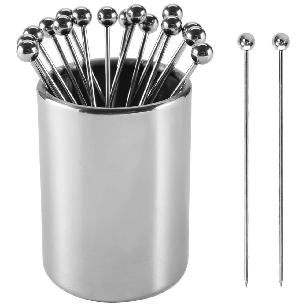 QuirkyLiving Metal Cocktail Picks Holder Set, 16 Cocktail Toothpicks Reusable Stainless Steel Decorative Toothpicks for Appetizers