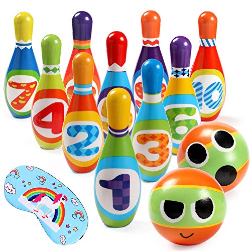 Toyssa Bowling Set Indoor Foam Bowling Game Early Educational Toys for Toddler Kids with 10 Pins 2 Balls and 1 Eye Mask - Thumbnail 7