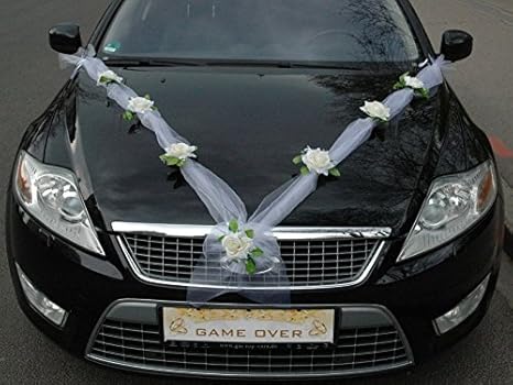 Autoschmuck Organza M Auto Schmuck Braut Paar Rose Deko Dekoration Hochzeit Car Auto Wedding Deko Girlande PKW (Ecru/Weiß)