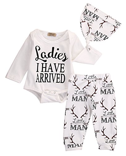 Yinuotrading Baby Boy 3pcs Christmas Suit Ladies I Have Arrived Romper+Little Man Pants+Hat (12-18months, White)