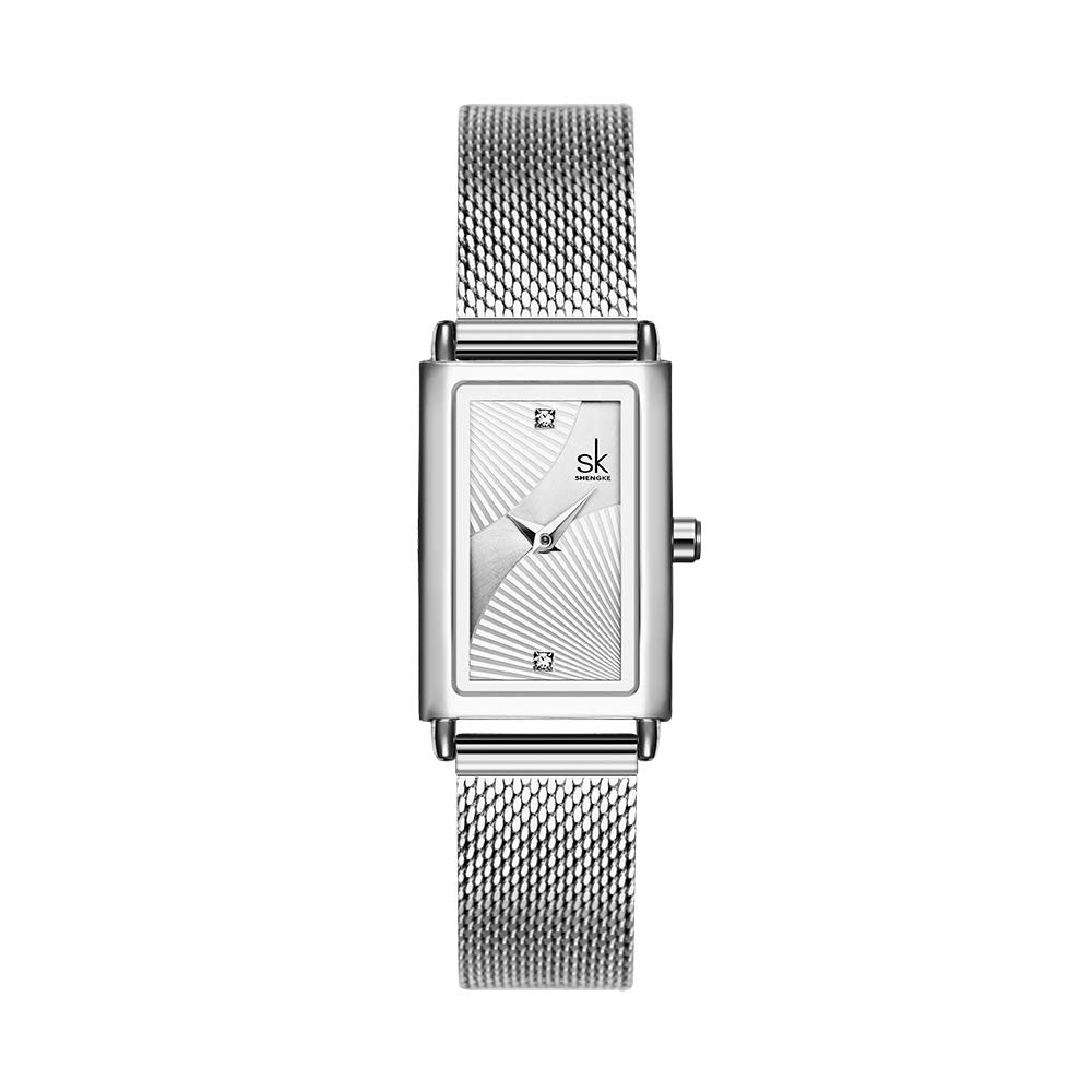 SHENGKE Minimalist Watch (Love Me Tender Love Me Home) Casual Fashion Wrist Watch Mesh Square Silver — image 1
