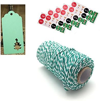 110yd bottle green Bakers Twine, 100 Pcs Gift Wrap Tags Christmas Tress Star Kraft Hang Tags, 60 Sticker Craft Decorative Lables for DIY Crafts and Gift Wrapping (Green &amp; White)