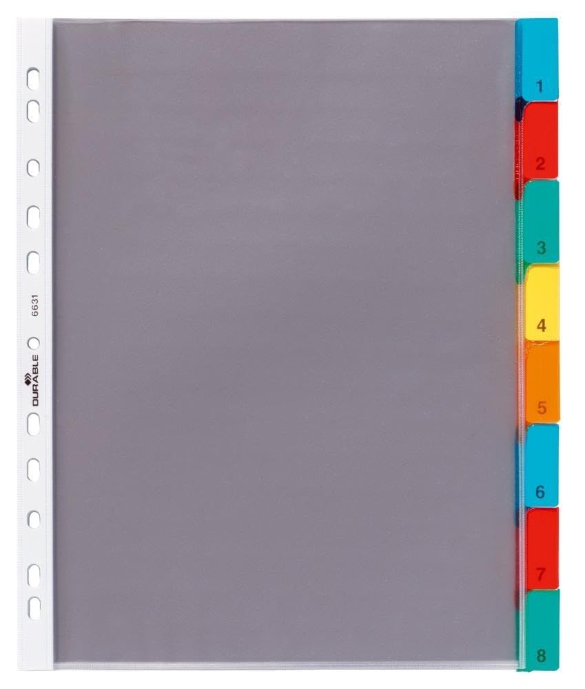 Durable 8 Part File Dividers for Lever Arch Files and Ring Binders - German Made Colour Coded Plastic Pocket Folder Wallets with 1-8 Numbered Card Tab Separators - A4