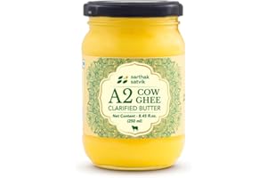 Sarthak Satvik A2 Cow Ghee Grass Fed Clarified Butter, 8.45 Oz Unsalted and Original, Ancient Bilona Made, Free Grazing, Desi Ghee, Pasture Raised Indigenous Breed Cows, Sustainably Sourced, 250 ml
