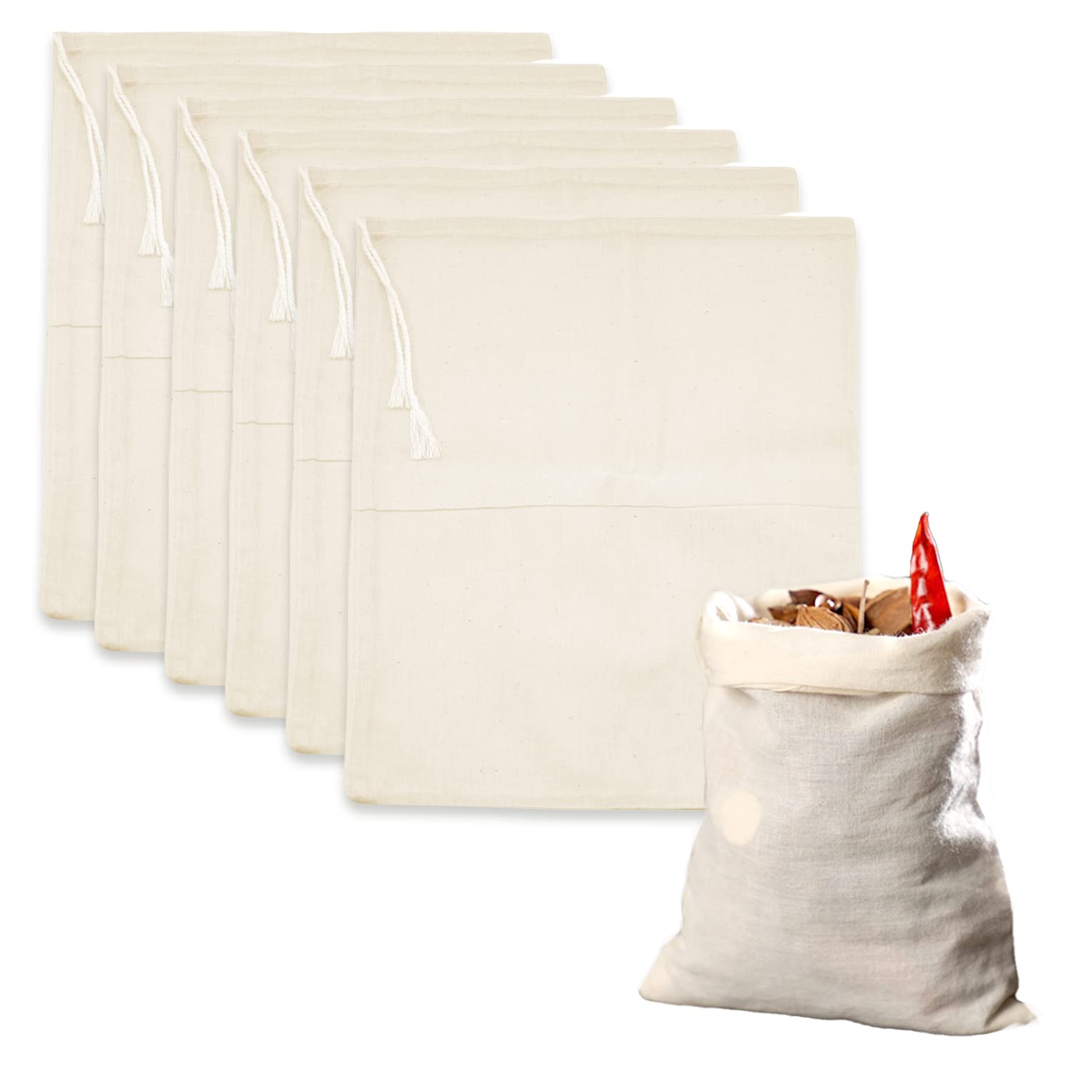 6 Pack Cheesecloth Bags, Reusable Tea Bags Washable Muslin Bags Natural Nut Milk Bag Cheese Cloth for Straining Nut Milk, Fruit Juice, Tea, Coffee, Cold Brew, Home Brewing (20 x 30cm)