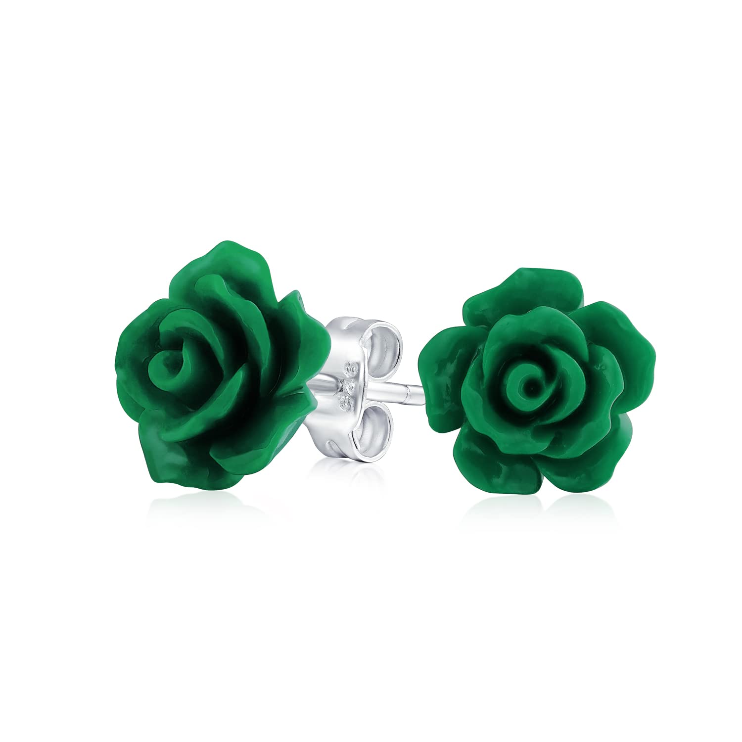 Romantic Delicate Floral 3D carved Dark Green Rose Flower Stud Earrings For Women Teen For Mother Silver Plated