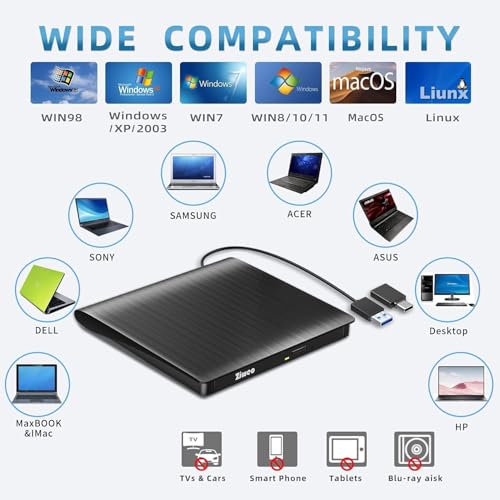 Ziweo External CD DVD Drive, Portable USB 3.0 Type-C CD Burner CD +/-RW Drive DVD Player for ROM Rewriter Burner Compatible with Laptop Desktop PC Windows MacBook Linux Mac OS