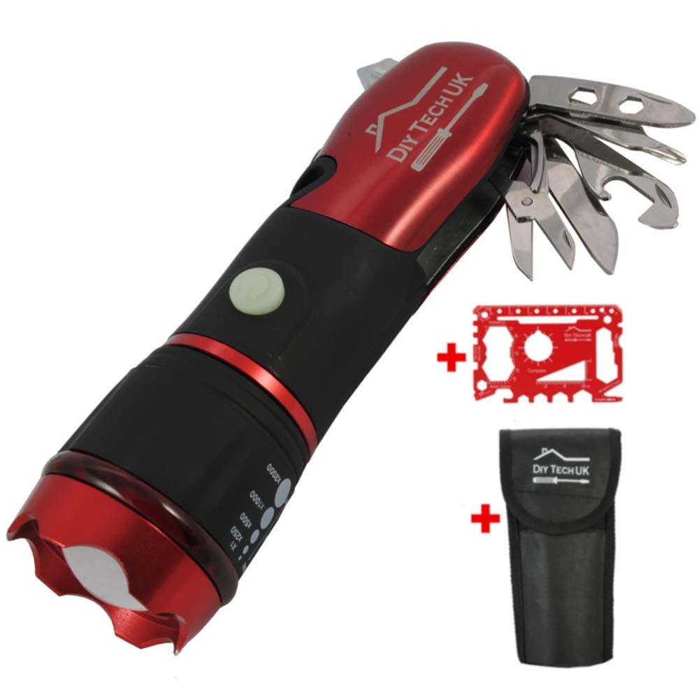 DIY TECH UK - 15 in 1 Pocket Multi Tool with Sciccors - 300m Powerful LED Torch + Screwdrivers Spanners Wrenches and More - Free 48 in 1 Credit Card Gadget - Anti-Slip - Burgundy Red