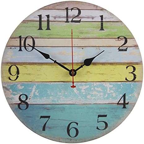 Old Oak Large Decorative Wall Clock Silent Non-Ticking Battery Operated for Beach Ocean Nautical Theme Living Room Kitchen Bathroom Decor with Blue Green Yellow Colorful Stripe Design 14-Inch