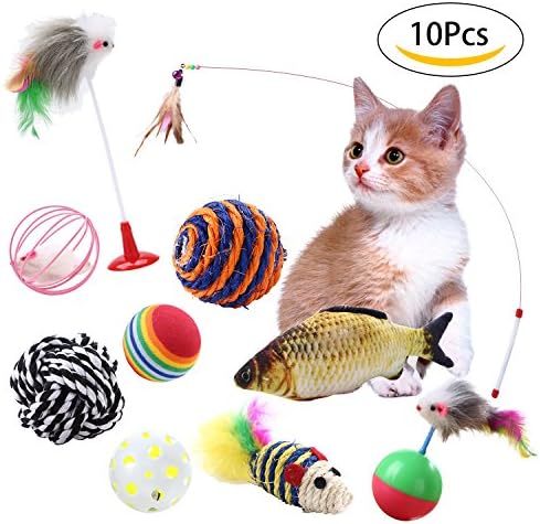 Top Munster Cat Toys 10 Pieces Including Cat Teaser Wand, Fish Shape Doll, Jingle Bell Ball,Rainbow Toy Ball, Feather False Mouse Bottom Sucker,Tumbler Ball with Feather Mouse for Kitten Kitty