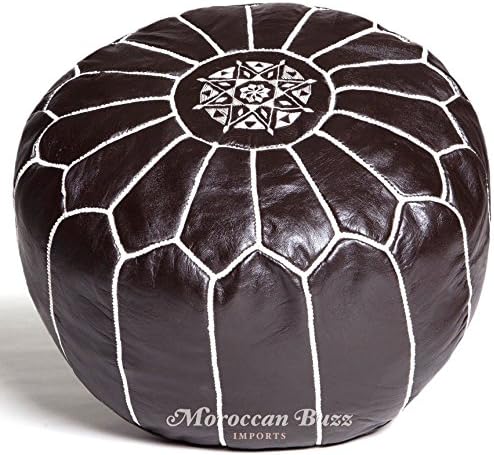 Moroccan Buzz Premium Stuffed Leather Pouf Ottoman, Dark Brown with White Stitching