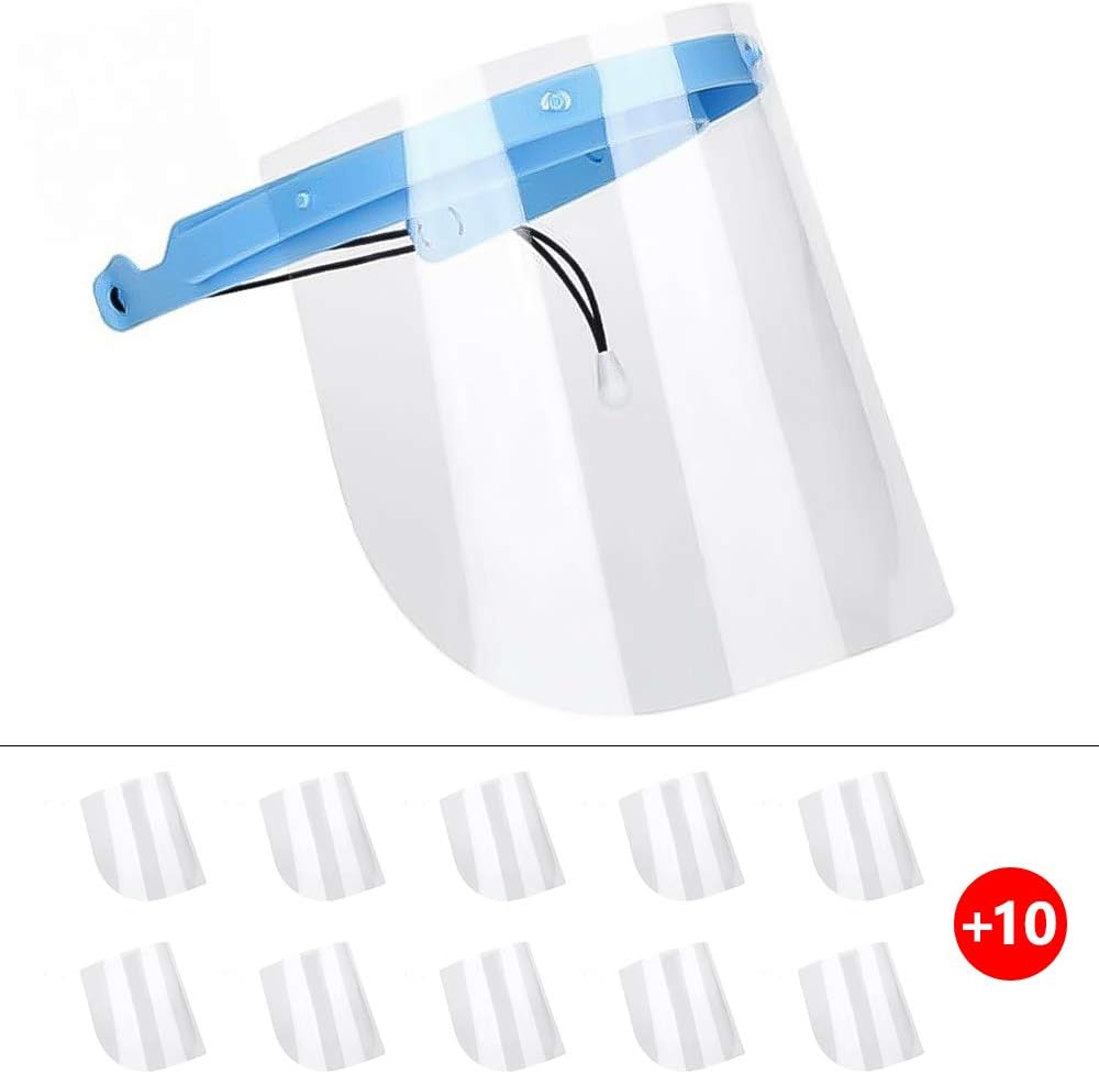 Frantie Anti-Saliva,Anti-Fog,Anti-Pollen,Transparent Plastic Adjustable Full Face ShiePC Anti-Saliva, Anti-Fog, Anti-Pollen，Transparent Plastic Adjustable Full Face Shield (1 Frame + 10 Visors) (Blue)