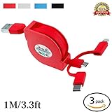 VICO 3ft iPhone Retractable Charger Adapter, Durable 2 In 1 Lightning and Micro USB Charging Cable Cord, 3 Pack for Fast Sync & Charge Apple iPhone 7 Plus, Universal to Samsung & Android Phone (Red)