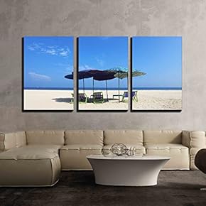 3 Piece Canvas Wall Art - Comfort Chairs and Umbrella on The Beach Under The Blue Sky for Background - Modern Home Art Stretched and Framed Ready to Hang - 16"x24"x3 Panels