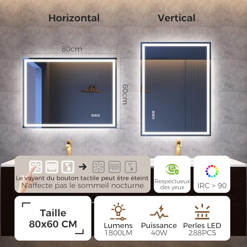 STARLEAD Mirror-LED-Bathroom-with-Lighting and Bluetooth, Anti-fog, 3 Colours Light, Dimmable, Memory, IP44, Tempered Glass, Horizontal/Vertical