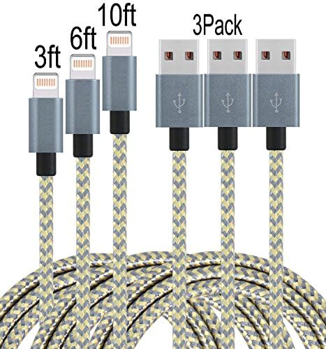 Frieso 3pcs 3FT 6FT 10FT Nylon Braided Charging Cable for iPhone 7, 7 plus, 6s 6 Plus 5s 5c 5,iPhone SE, iPad Pro, Air 2, iPad mini 4 3 2, iPod touch 5th gen / 6th gen / nano 7th gen (Gold and Gray)