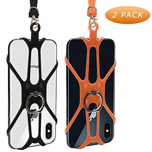 Takyu 2 Pack Wrist Phone Lanyard, Key Holder Chain Black Lanyard Clip with Webbing Strap, Cell Phone Leash Silicone Neck Strap (Black Orange)