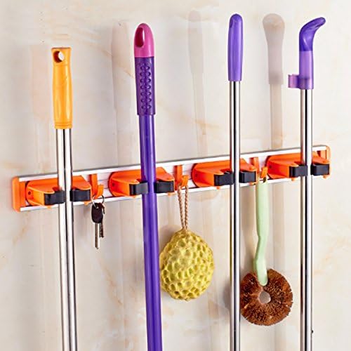 Cinlv Broom Mop Holder Organizer Garage Storage Hooks Multifunctional Wall Mounted Organizer Gardening Shed Tool Rack with 4 Position 3 Hooks