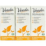 Veeda Natural All-Cotton Tampons, 96 Ct Super Plus, Non-Applicator, 3 Packs of 32 Count