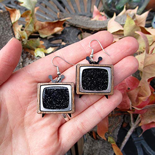Nostalgic Mod CRT Static Screen TV Statement Dangle Earrings, Classic Television Jewelry - Thumbnail 6