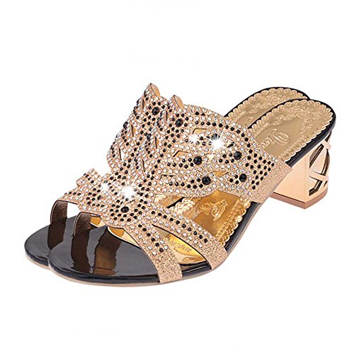 Respctful ♪☆ Winter Women's Fashion Rhinestone Slippers Open Toe Shoes Chunky Heel Ankle Slippers Black - Thumbnail 5