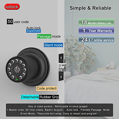 iulock Smart Door Knob with Keypad and Key,Keyless Entry Door Lock with