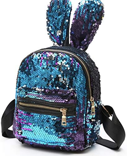 Women Girls Cute Rabbit Sparkle School Backpack Sequins Shoulder Bag for Travel (Blue)