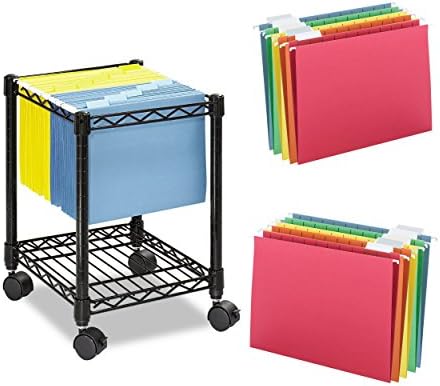 Black Compact Sturdy Mobile Wire File Cart with 25-Pieces Colored Hanging Folders