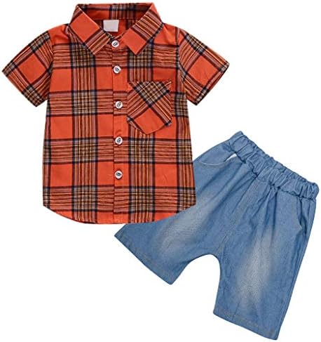 (3M-3T) Children's Short Sleeve Plaid Shirt Solid Color Jeans Two-Piece Set Toddler Cosplay Costume, Home Daily Dress,Party,Birthday,Halloween