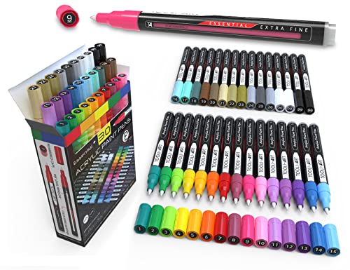 30 Acrylic Paint Markers Paint Pens Set 0.7mm Extra Fine Tip Paint Marker for Rock Painting, For Canvas, Mugs, Glass Paint, Metal, Fabric, Wood, scrapbooking. Non Toxic, Water-based, Quick Drying