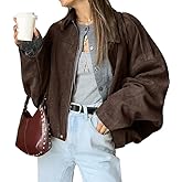 SKAYS Womens Faux Suede Bomber Jacket Lightweight Zip Up Cropped Lapel Pilot Jackets Oversized Casual Motorcycle Coat Coffee L