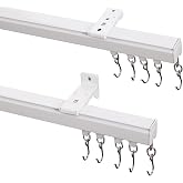 ChadMade Aluminum Ceiling Curtain Track Set with Hooks, 9ft - 12ft Adjustable Length Ceiling/Wall Mount Curtain Rail System For Grommet/Pleated Drape, Sliding Door Track, White
