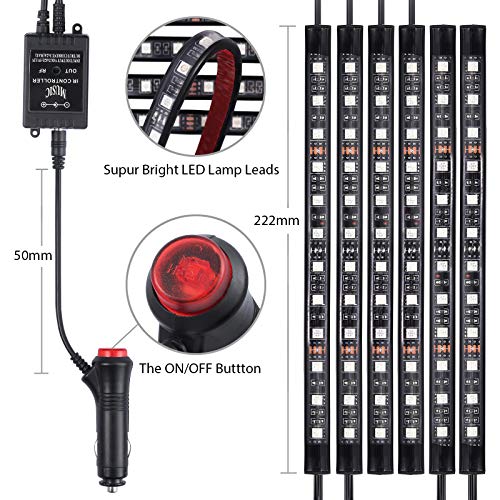 Justech 6PCS 72LEDs Strip Lights Car Interior Lights Footwell Lights Dimmable Ambient Lighting 12V RGB SMD Car Mood Lights Waterproof With Wireless Music Control and Cigarette Lighter