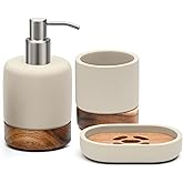 Lunavita Bathroom Accessories Set 3 Piece Bath Ensemble Includes Soap Dispenser, Tumbler, Dish for Decorative Countertop & Housewarming Gift (Concrete with Acacia Wood)