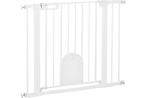 PawHut 30"-41" Extra Wide Pet Gate with Small Cat Door, 30" H Dog Gate with Pressure Fit, Auto Close, Double Locking, for Sta