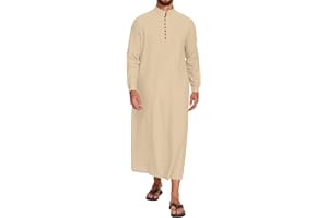 LVCBL Thobe for Men Long Sleeve Kaftan Muslim Thobe Button Down Long Gown Caftan with Pockets