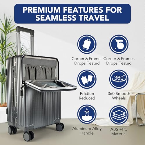 Carry On Luggage, 20 Inch Hardside Luggage, Carry On Suitcase with Front Open Laptop Compartment and Pocket, with Combination Lock, 4 Spinner Wheels, Cup Holder and Hook (c-White)