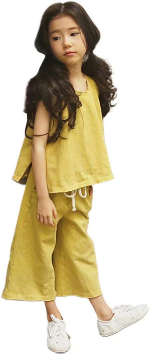 Amazon Burning Go 韓国子供服 セットアップ 女の子 トップス ワイドパンツ 2点セット 無地 ノースリーブ Tシャツ 上下セット キッズ服 ジャージ ゆったり 夏 通学 旅行 海遊び 普段着 ジャージ 通販