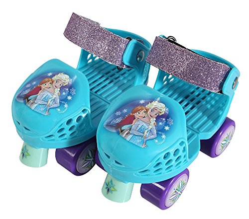 PlayWheels Disney Frozen Kids Glitter Roller Skates with Knee Pads - Childrens Adjustable Skates - Junior Size 6-12