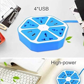 JSTBUY LABEL Hexagon Electrical Extension Cord 4 Surge Power Socket with 4 USB Port for Computer with 6 ft. Wire Protector Spike Strip Guard (Multicolour)