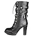 Susanny Women's Mid Calf Leather Boots Chic High Heel Lace Up Military Buckle Motorcycle Cowboy Black Ankle Booties 7 B (M) US