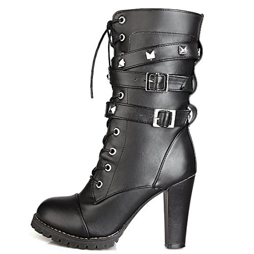 Susanny Women's Mid Calf Leather Boots Chic High Heel Lace Up Military Buckle Motorcycle Cowboy Black6 Ankle Booties 4.5 B (M) US - Thumbnail 3