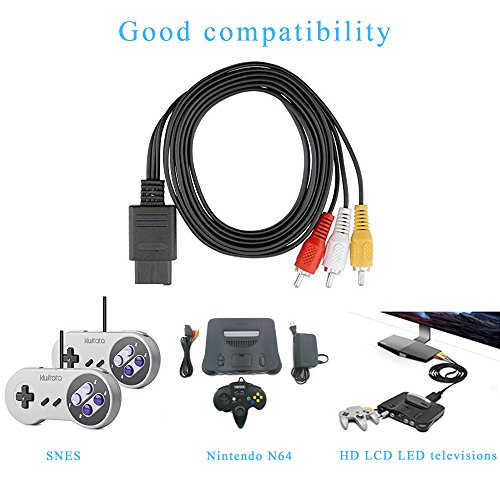 Composite AV Cable INNKER 2 Pack 1.8m AV Audio Video Cords Cable Wire Compatible Replacement Wire Cords for Wii Super Nintendo /N64 /Gamecube /GC/SNES Black - Thumbnail 3