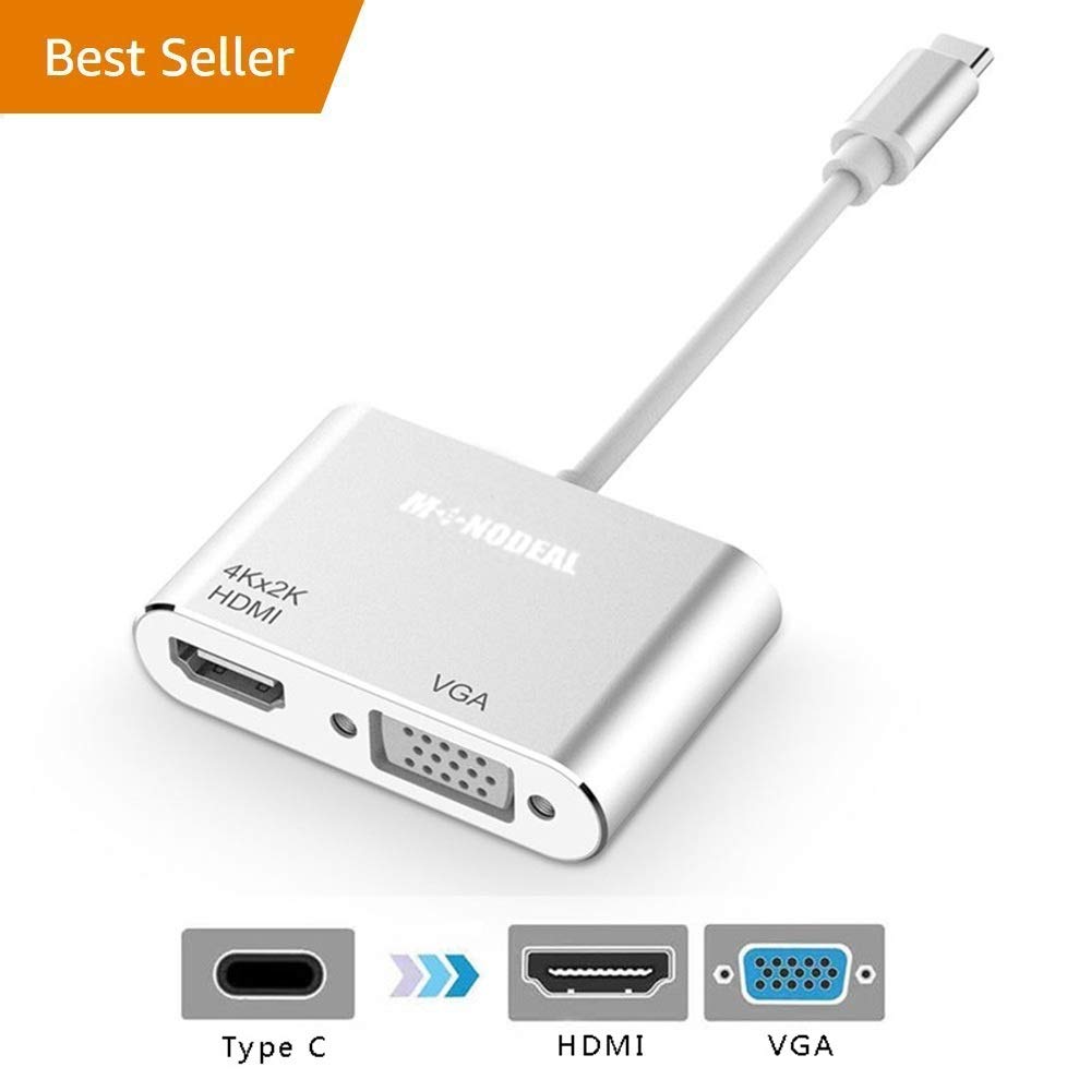 USB C to HDMI VGA Adapter, Monodeal 2 in 1 USB 3.1 Type C to VGA HDMI 4K UHD Adapter, Support HDMI VGA Simultaneously, External Video Card Multi-display Video Converter, NO NEED DRIVER