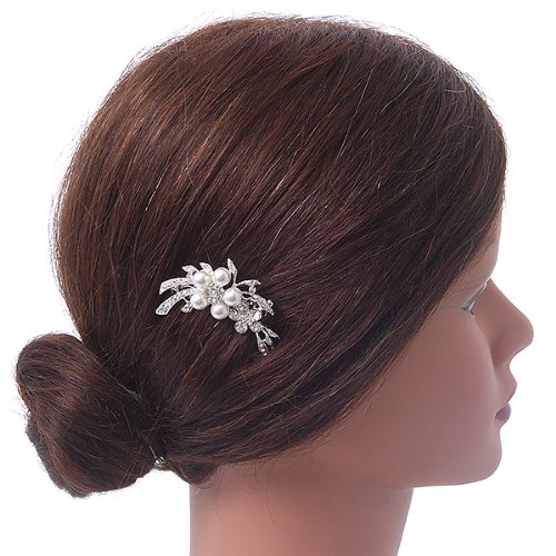 Bridal/ Wedding/ Prom/ Party Rhodium Plated Clear Swarovski Crystal, Synthetic Pearl Double Flower Hair Comb - 50mm