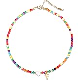 Mikovivi Initial Beaded Necklace, Colorful Cute Beaded Necklace with Heart Shells Stylish Letter Pendant Necklace Handmade Personalized A-Z Gifts for Women Girls (Letter F)