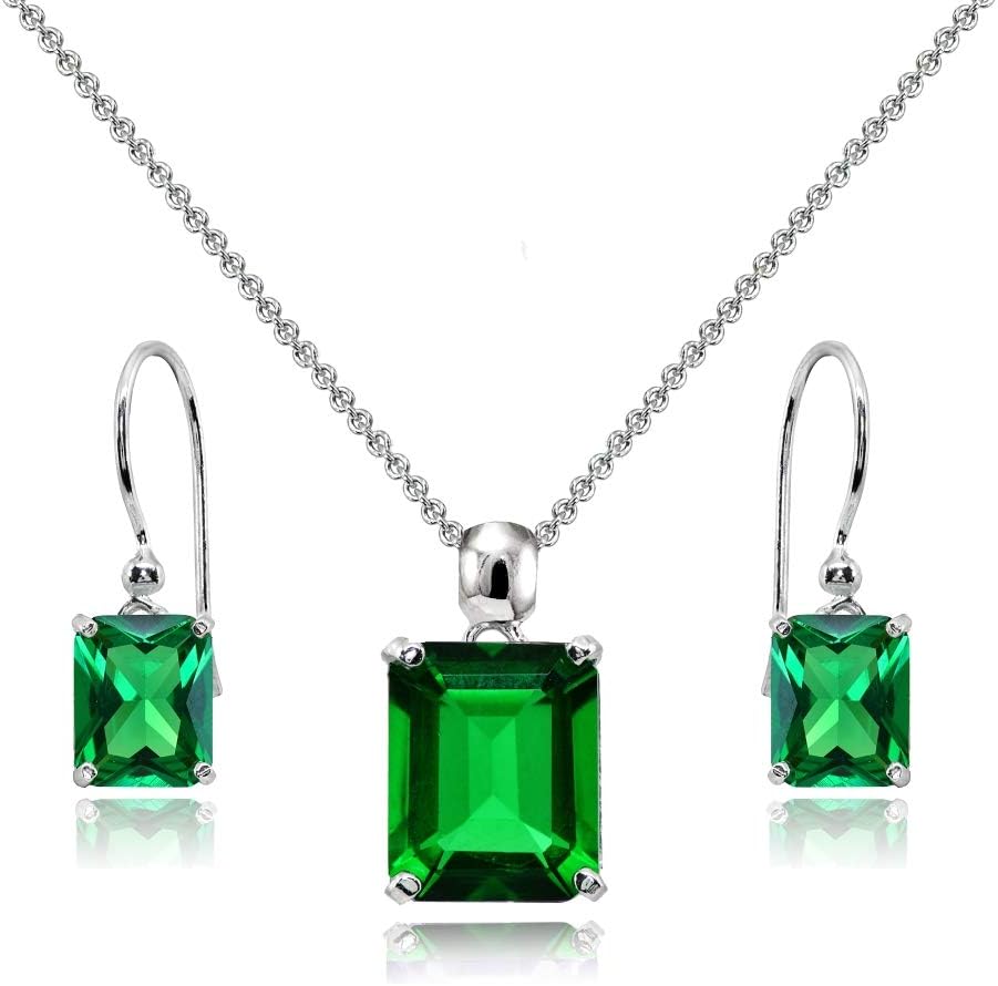 Sterling Silver Genuine or Synthetic Gemstone Octagon-Cut Solitaire Drop Dangle Earrings & Necklace Set