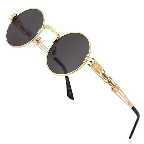 AIEYEZO Round Steampunk Sunglasses Circle Lennon Hippie Glasses Metal Frame  100% UV Blocking Lens (Gold/Grey) in Oman Whizz Sunglasses
