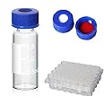 2ml HPLC Vial, 9-425 Borosilicate Autosamper Vial with Graduation, Clear Sample Vial and 9mm Blue Screw Cap with Hole, Red PTFE&White Silicone Septa, Pack of 100